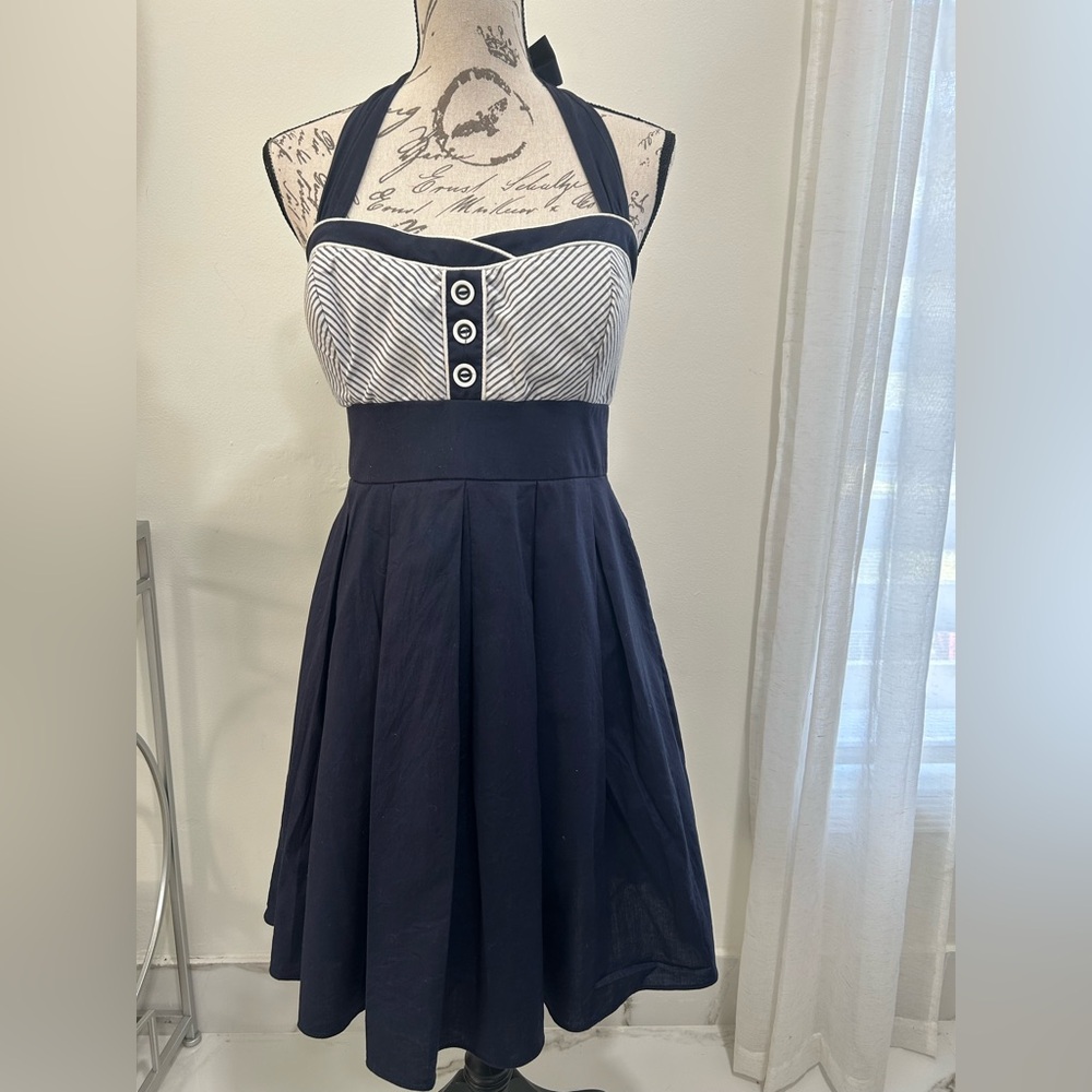 Divine Retro-Vintage Navy White Top Striped Pleated Halter Short Dress Size 11